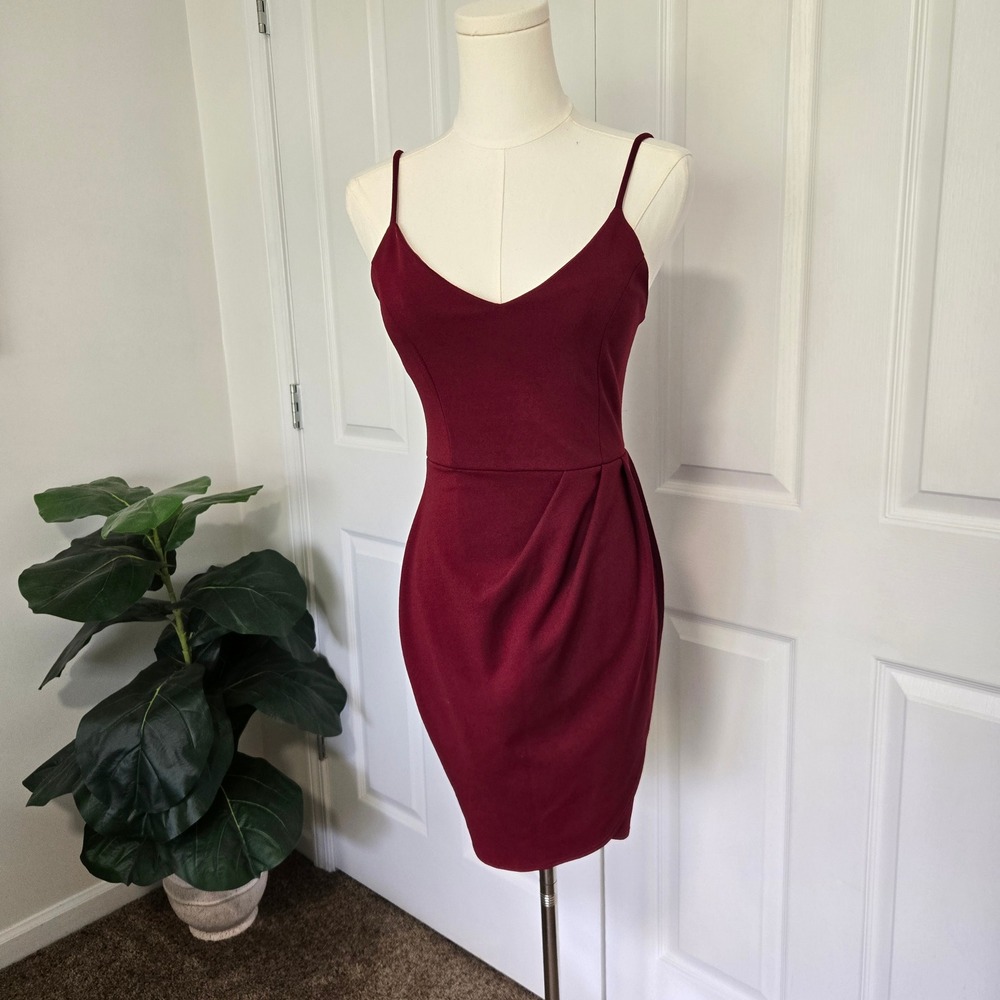 Lulus Cocktail Dress Women XS Burgundy Red V-Neck Tulip Wrap Spaghetti Strap USA